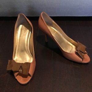 J. Crew Tan Leather Peeptoe Bow Heels